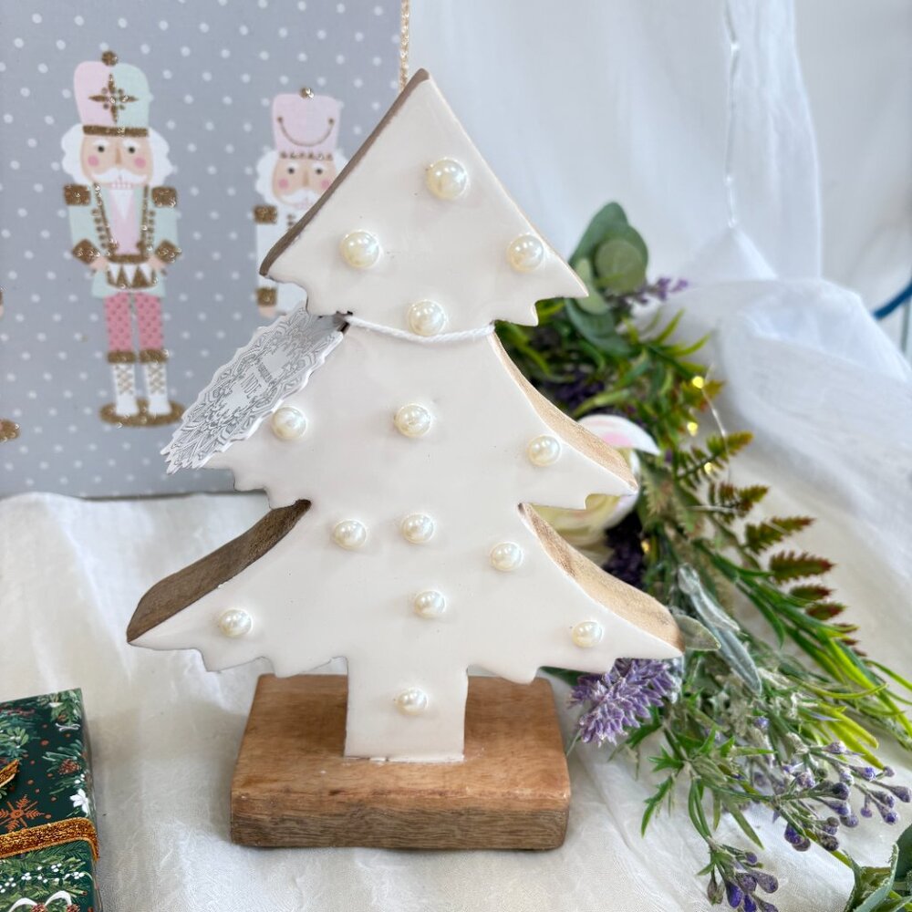 Christmas Wood Pearls Ornaments Tree Figure New